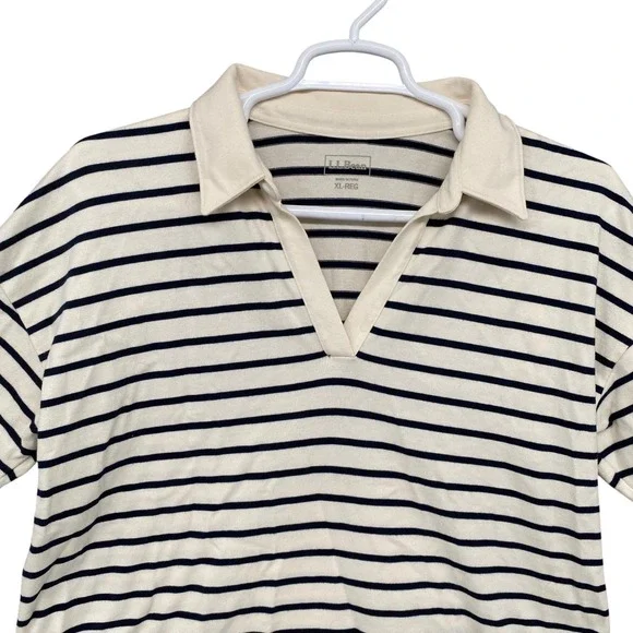 L.L. Bean Striped Polo Shirt V-Neck 3/4 Sleeve Women's XL REG Cream Navy - Picture 4 of 9